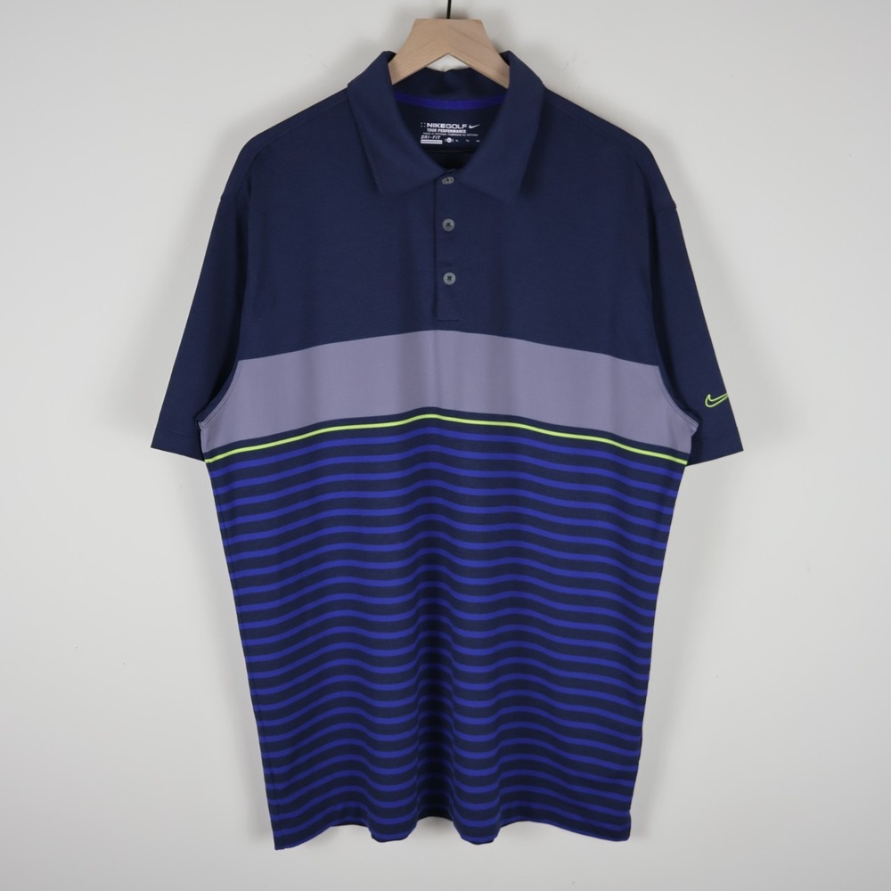 Nike Golf Tour Performance‎ Dri Fit Stripe Polo Shirt Navy Blue Gray XL 25x31.5